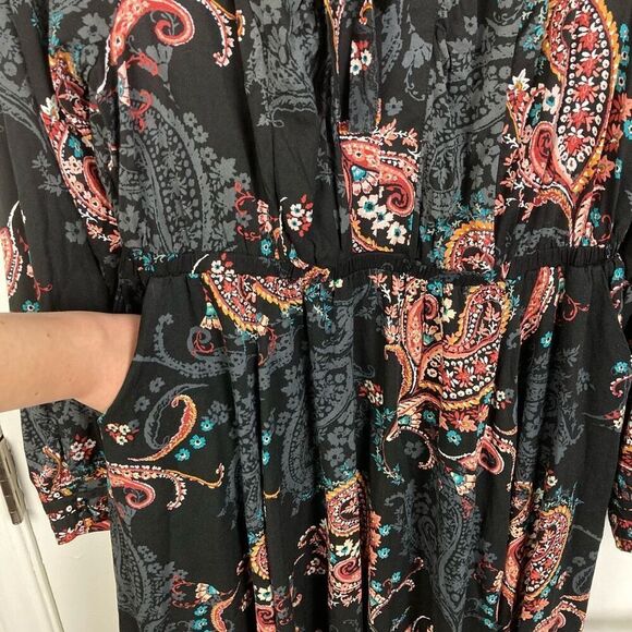 Torrid Midi Challis Skater Paisley V-neck Long Sleeve Black Dress sz 0 / L / 12 - Picture 4 of 10